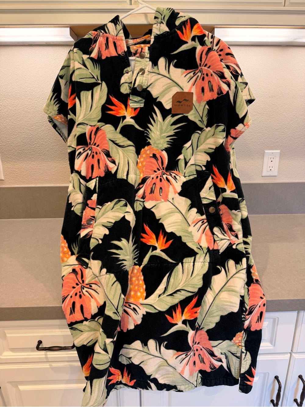 Slowtide Aloha Tropical Hooded Swim Coverup - Black with Coral & Green